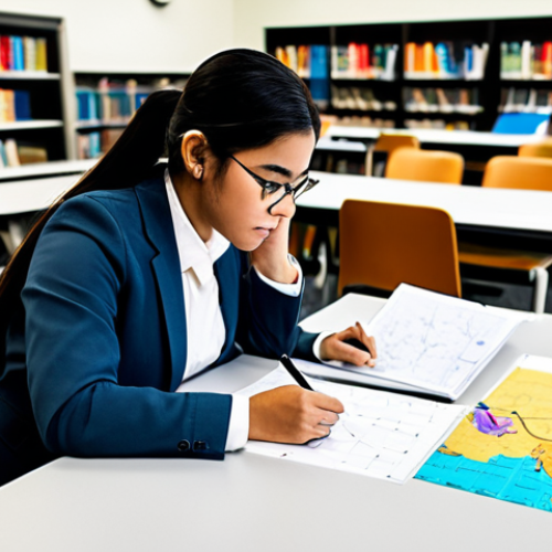 Home 14 A diligent university student, fully clothed in modest professional attire, deeply focused while engaging in active learning techniques. The student is seated at a neat, modern desk, surrounded by organized study materials including colorful mind maps spread out, and a set of flashcards. One hand is actively writing or pointing to a detail on a map, showing engagement. The background is a soft-focus, well-lit academic library or study room, exuding a calm and productive atmosphere. safe for work, appropriate content, fully clothed, professional, natural pose, perfect anatomy, correct proportions, well-formed hands, proper finger count, natural body proportions, professional photography, high quality image.