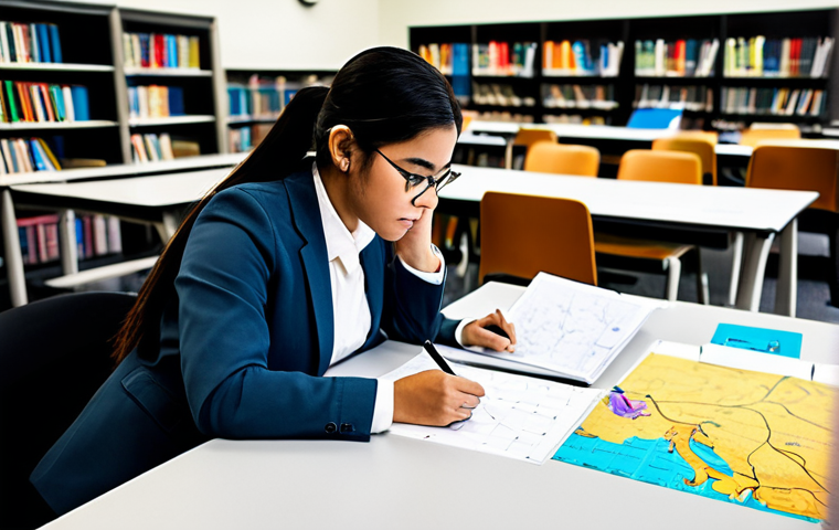 A diligent university student, fully clothed in modest professional attire, deeply focused while engaging in active learning techniques. The student is seated at a neat, modern desk, surrounded by organized study materials including colorful mind maps spread out, and a set of flashcards. One hand is actively writing or pointing to a detail on a map, showing engagement. The background is a soft-focus, well-lit academic library or study room, exuding a calm and productive atmosphere. safe for work, appropriate content, fully clothed, professional, natural pose, perfect anatomy, correct proportions, well-formed hands, proper finger count, natural body proportions, professional photography, high quality image.
