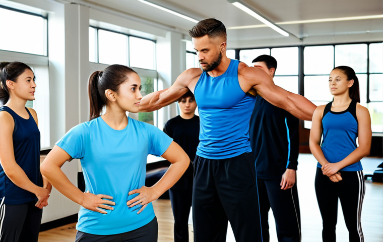A professional and experienced male or female sports and leisure instructor, fully clothed in modest, professional athletic wear. The instructor is actively guiding a diverse group of adults (students) through a functional exercise, demonstrating correct form with emphasis on perfect anatomy and natural pose. They are making subtle, precise adjustments to a student's posture, illustrating biomechanical principles. Set in a bright, modern, and spacious indoor training facility with clean lines and natural light. Background shows other diverse students engaging in exercises under the instructor's supervision. Professional photography, high-quality, realistic, sharp focus, natural colors, safe for work, appropriate content, fully clothed, professional. Perfect anatomy, correct proportions, natural pose, well-formed hands, proper finger count, natural body proportions.