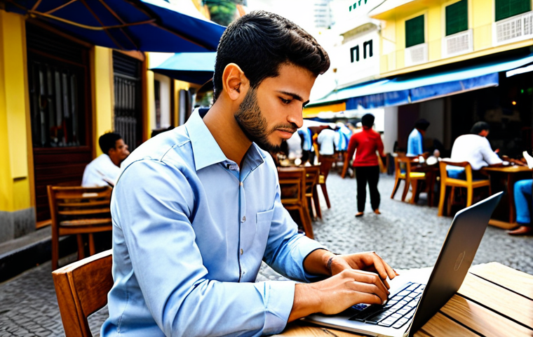 Market Research Scene**
"A focused entrepreneur in a casual but professional outfit (khakis, collared shirt), fully clothed, at an outdoor cafe in Rio de Janeiro, Brazil, studying market data on a laptop, surrounded by local people enjoying the day, appropriate attire, safe for work, perfect anatomy, natural proportions, professional photography, bright daylight."
**