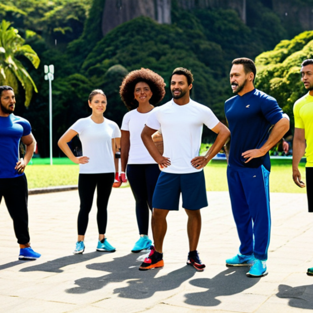 레저스포츠지도자 필기시험 자주 나오는 키워드 - **Experienced Sports Instructor Guiding Group:** "A diverse group of people participating in a fitne...