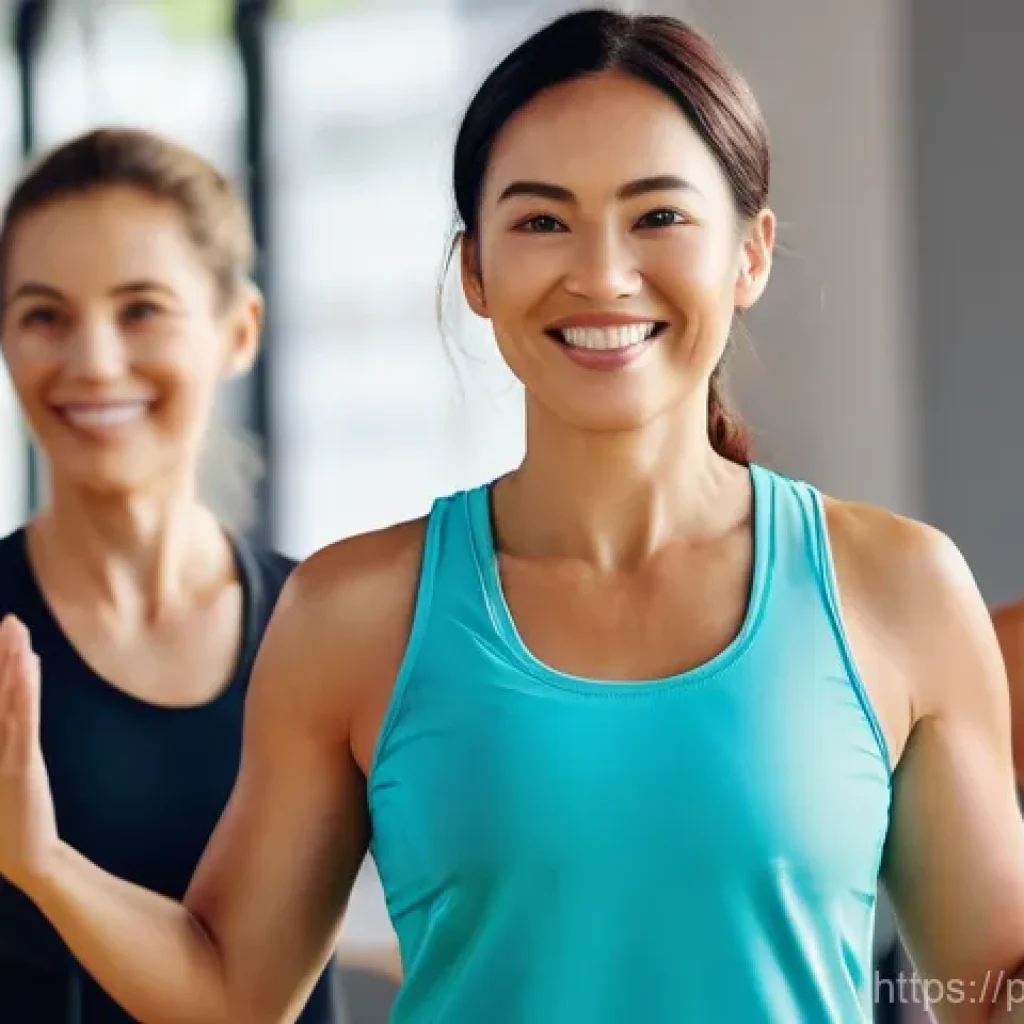 레저스포츠지도자 필기시험에서 자주 묻는 질문 - **Prompt:** A dynamic and inclusive indoor fitness class led by a knowledgeable female instructor, m...