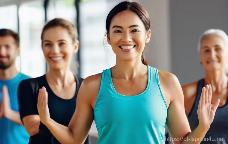 레저스포츠지도자 필기시험에서 자주 묻는 질문 - **Prompt:** A dynamic and inclusive indoor fitness class led by a knowledgeable female instructor, m...