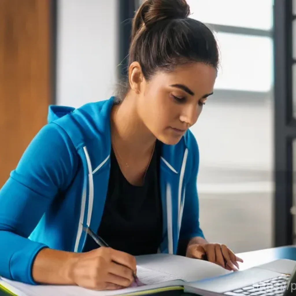 레저스포츠지도자 자격증 취득 후 연봉 협상 성공 비결 - **A highly focused female fitness instructor, of Portuguese descent, is seated at a modern desk, dil...