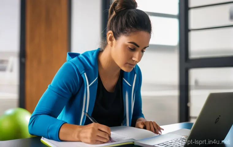 레저스포츠지도자 자격증 취득 후 연봉 협상 성공 비결 - **A highly focused female fitness instructor, of Portuguese descent, is seated at a modern desk, dil...