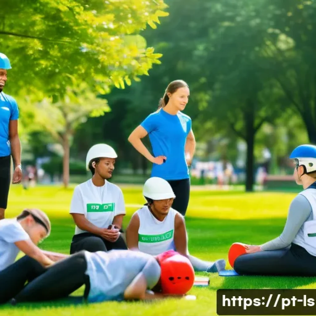 레저스포츠지도자 업무 능력 향상 프로젝트 - A diverse group of adult sports instructors leading an outdoor leisure activity in a sunny park sett...