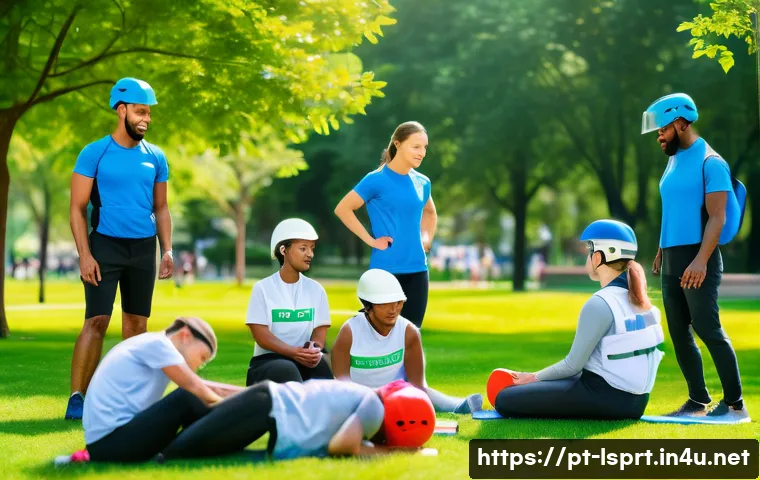 레저스포츠지도자 업무 능력 향상 프로젝트 - A diverse group of adult sports instructors leading an outdoor leisure activity in a sunny park sett...