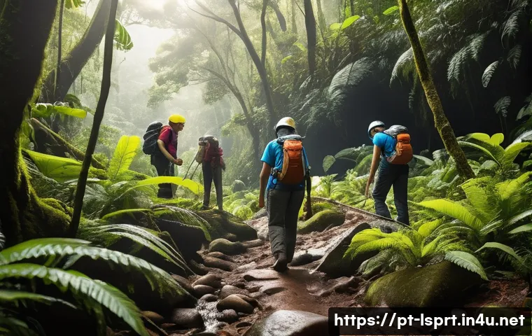 레저스포츠지도자 실무에서의 고객 안전 관리 - A professional outdoor activity team conducting a detailed safety inspection on a hiking trail in a ...