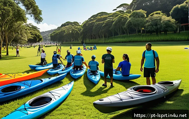 레저스포츠지도자 채용 공고 탐색 꿀팁 - A vibrant outdoor sports workshop in a sunny Brazilian park, showing a diverse group of adult instru...