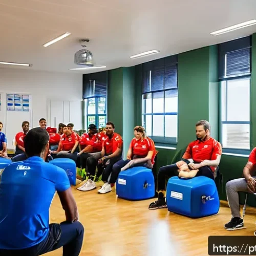 레저스포츠지도자 필기시험 공부 순서 - A detailed scene of a diverse group of adult sports leisure instructors in a modern classroom settin...