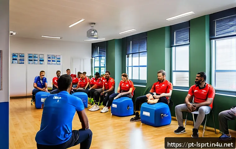 레저스포츠지도자 필기시험 공부 순서 - A detailed scene of a diverse group of adult sports leisure instructors in a modern classroom settin...