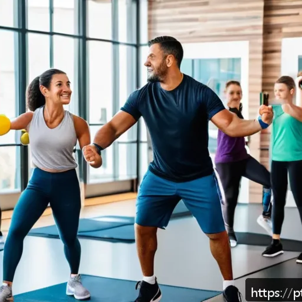 레저스포츠지도자 관련 도서 추천 - A diverse group of adult fitness instructors and students engaging in an active learning workshop in...