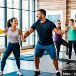 레저스포츠지도자 관련 도서 추천 - A diverse group of adult fitness instructors and students engaging in an active learning workshop in...