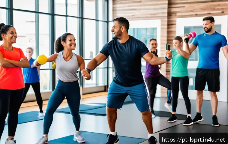 레저스포츠지도자 관련 도서 추천 - A diverse group of adult fitness instructors and students engaging in an active learning workshop in...