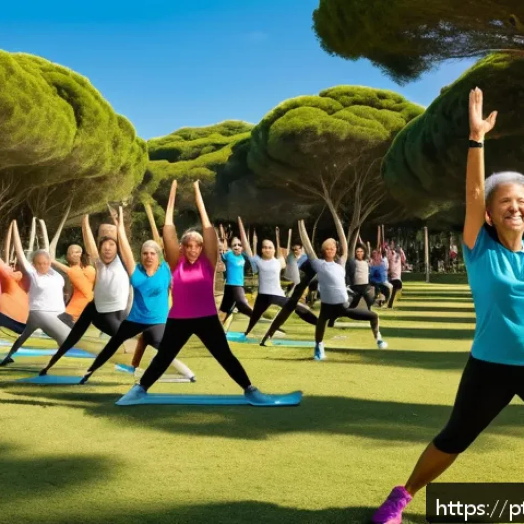 레저스포츠지도자 자격증 취득 후 경력관리 노하우 - A vibrant outdoor fitness class for middle-aged adults in a sunny Brazilian park, featuring diverse ...