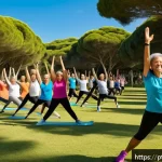 레저스포츠지도자 자격증 취득 후 경력관리 노하우 - A vibrant outdoor fitness class for middle-aged adults in a sunny Brazilian park, featuring diverse ...