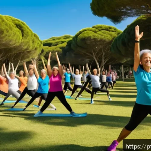 레저스포츠지도자 자격증 취득 후 경력관리 노하우 - A vibrant outdoor fitness class for middle-aged adults in a sunny Brazilian park, featuring diverse ...