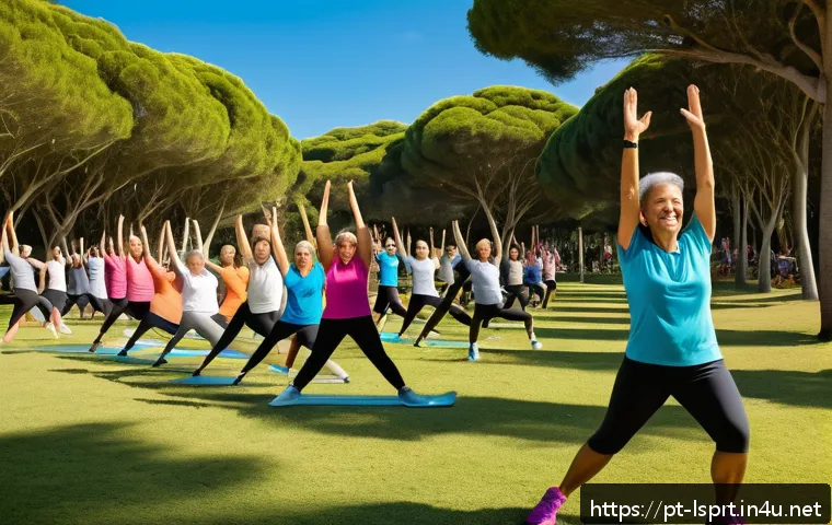 레저스포츠지도자 자격증 취득 후 경력관리 노하우 - A vibrant outdoor fitness class for middle-aged adults in a sunny Brazilian park, featuring diverse ...
