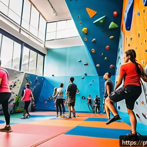 레저스포츠지도자 이직 준비 시 필수 고려사항 - A vibrant indoor climbing gym scene in Brazil, featuring diverse people wearing athletic clothing an...