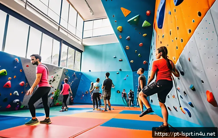 레저스포츠지도자 이직 준비 시 필수 고려사항 - A vibrant indoor climbing gym scene in Brazil, featuring diverse people wearing athletic clothing an...