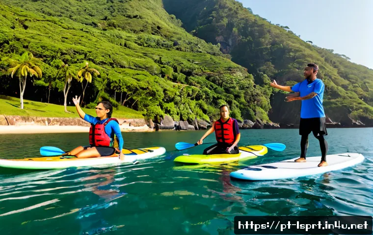 레저스포츠지도자 실무 현장 리더십 키우는 법 - Photorealistic outdoor leadership training at a coastal recreational sports center in Brazil, confid...