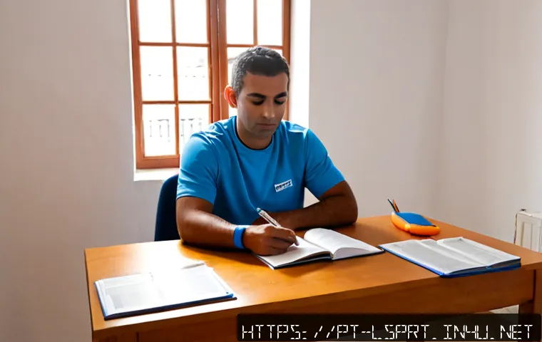 레저스포츠지도자 필기시험 난이도 리뷰 - Photorealistic Portuguese leisure sports instructor candidate studying for a challenging certificati...